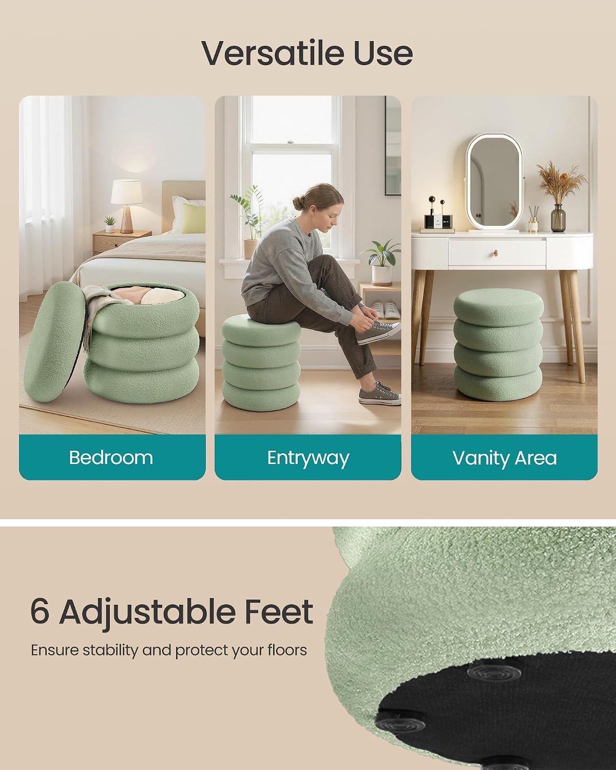 image:imageSONGMICS Vanity Stool Round Ottoman with Storage Teddy FleeceLime Green