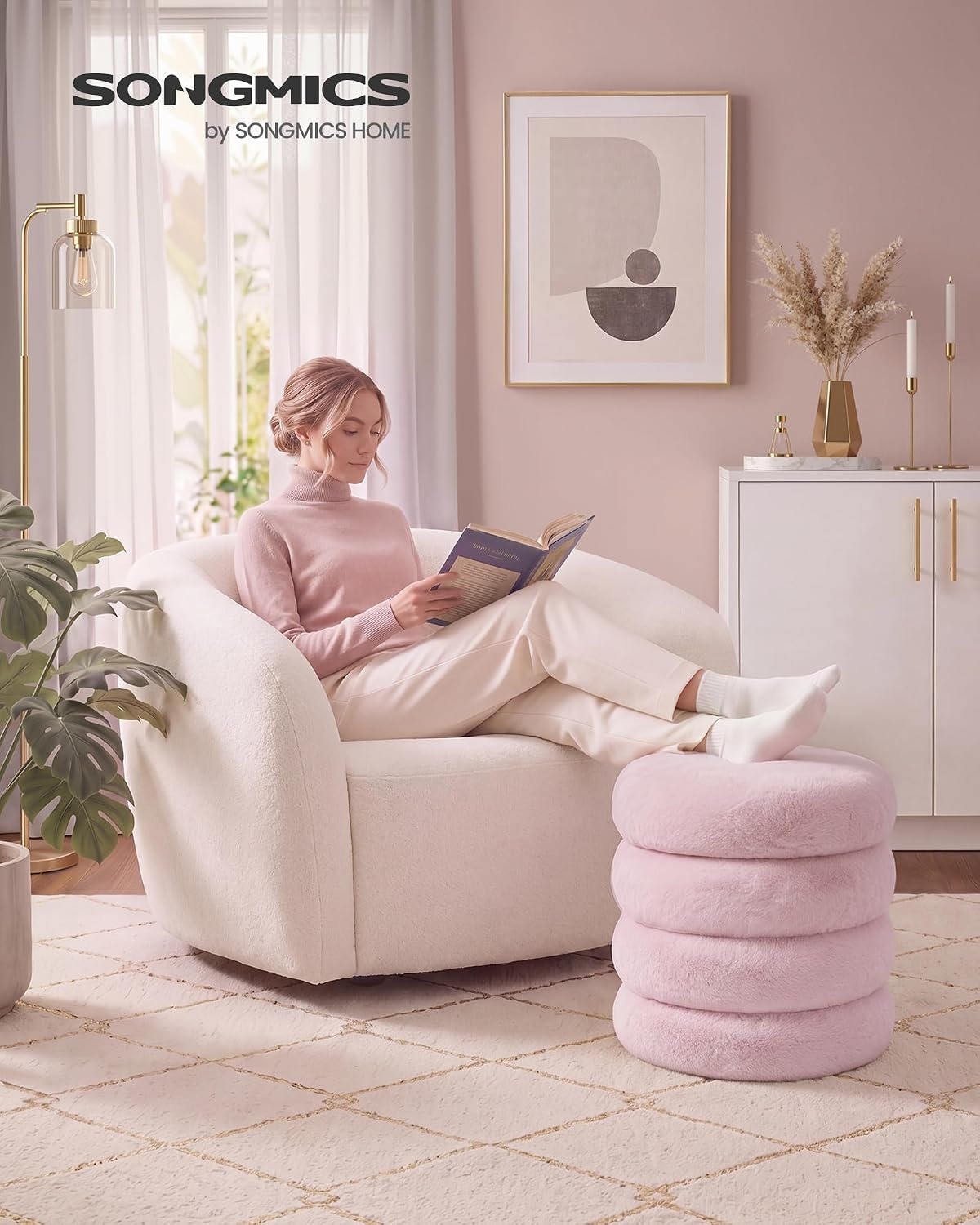 image:imageSONGMICS Vanity Stool Round Ottoman with Storage Teddy FleecePink
