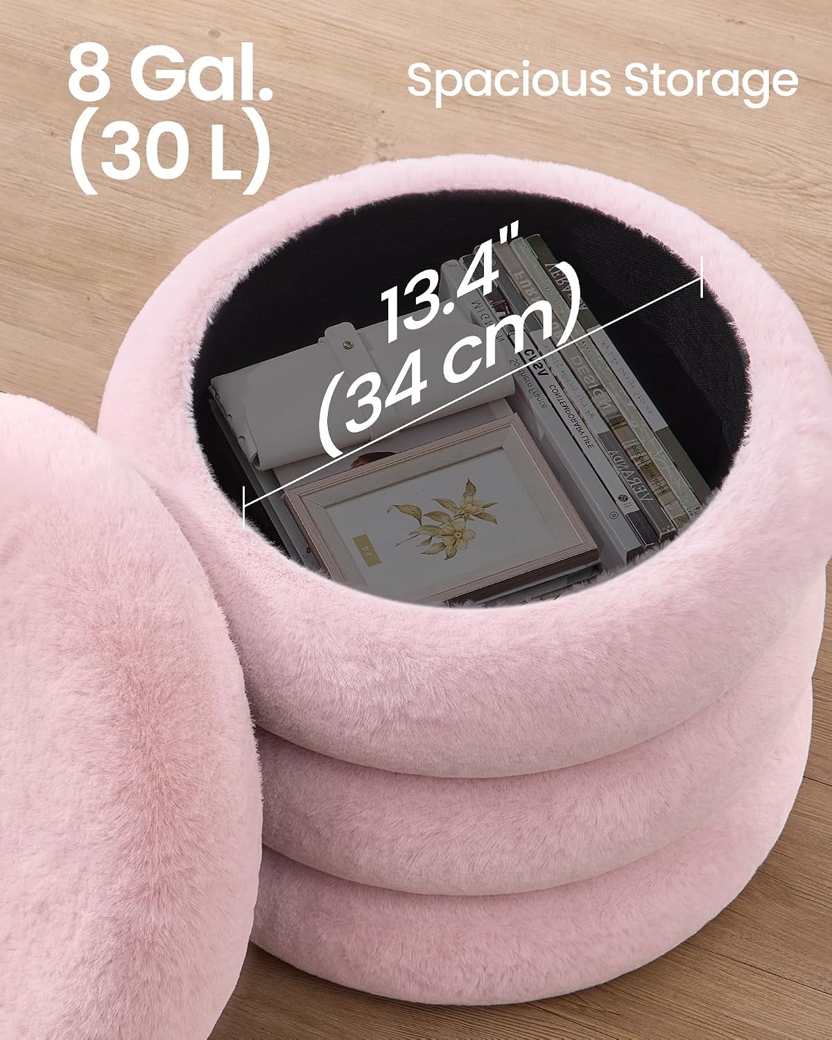 image:imageSONGMICS Vanity Stool Round Ottoman with Storage Teddy FleecePink