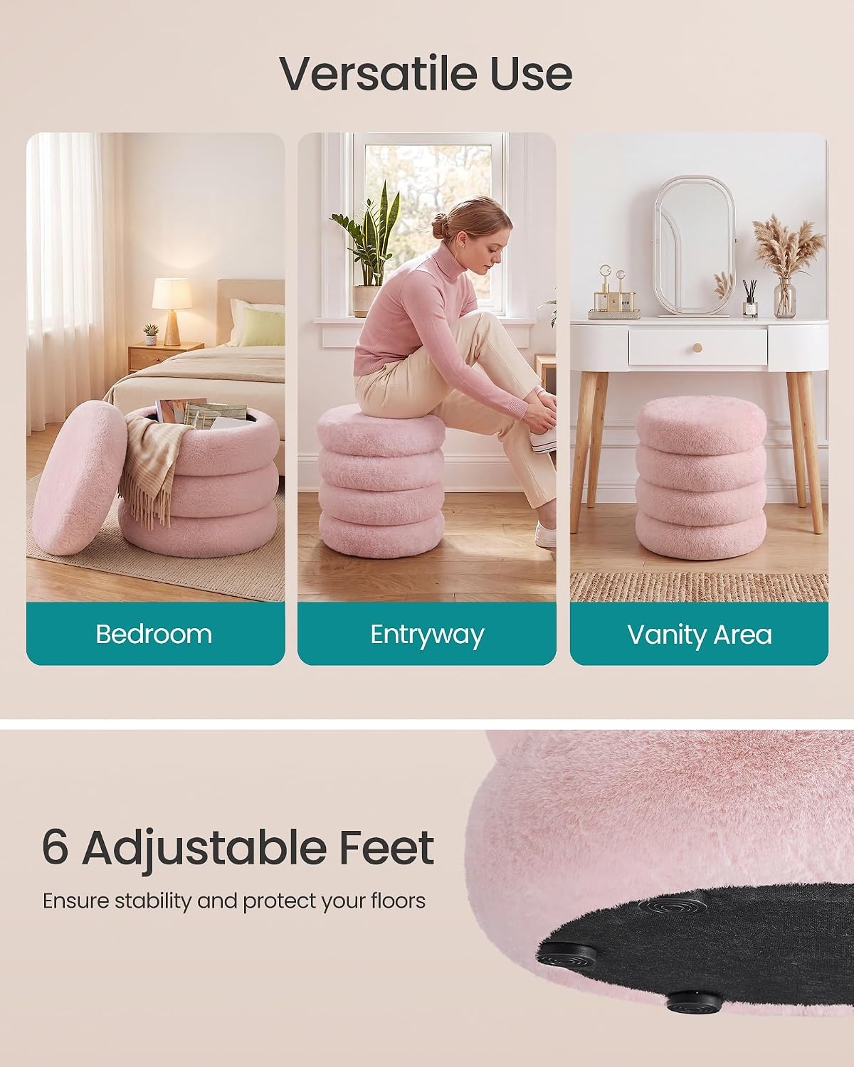 image:imageSONGMICS Vanity Stool Round Ottoman with Storage Teddy FleecePink