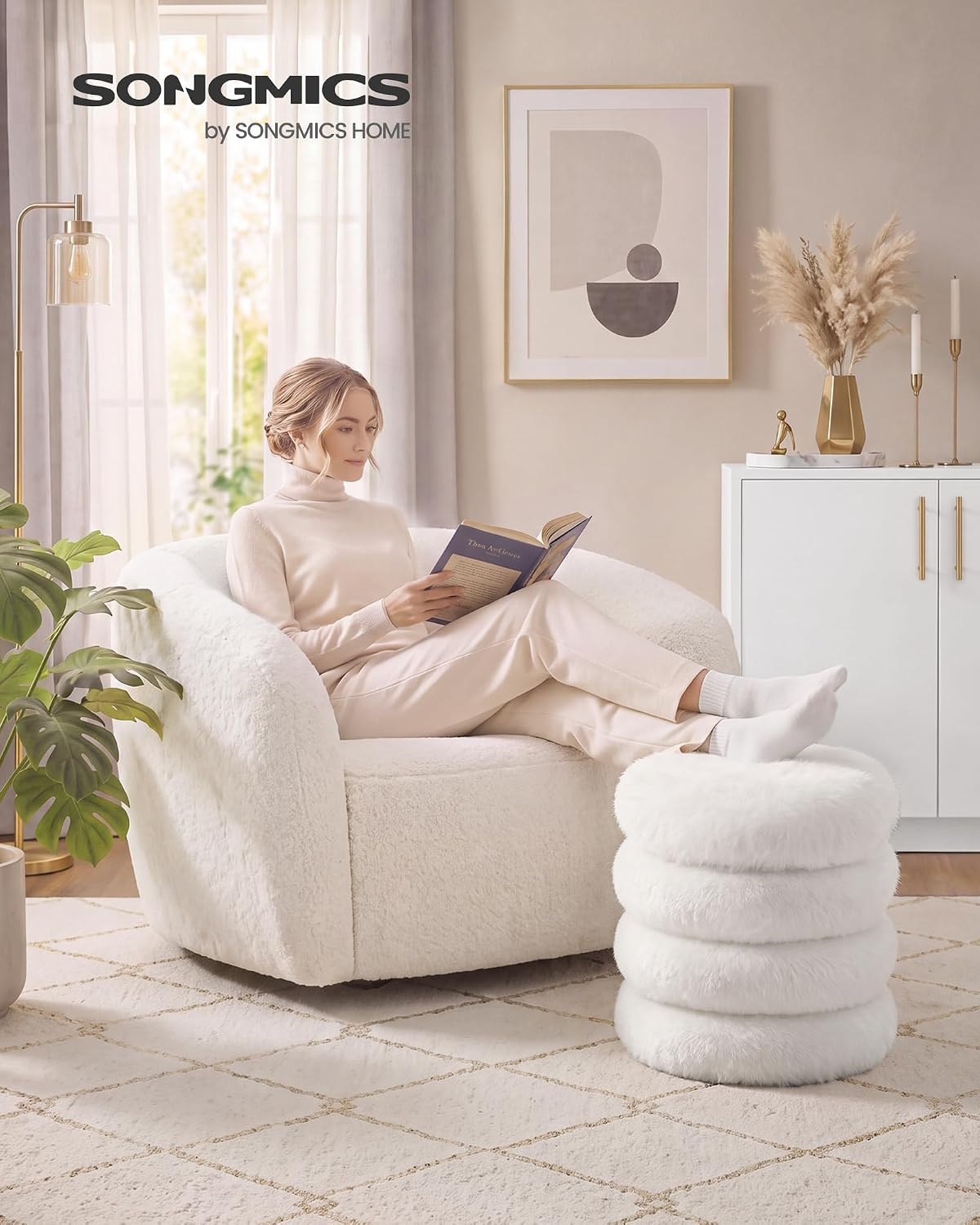 image:imageSONGMICS Vanity Stool Round Ottoman with Storage Teddy FleeceWhite