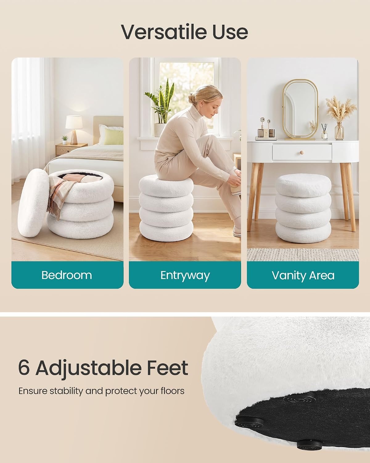 image:imageSONGMICS Vanity Stool Round Ottoman with Storage Teddy FleeceWhite