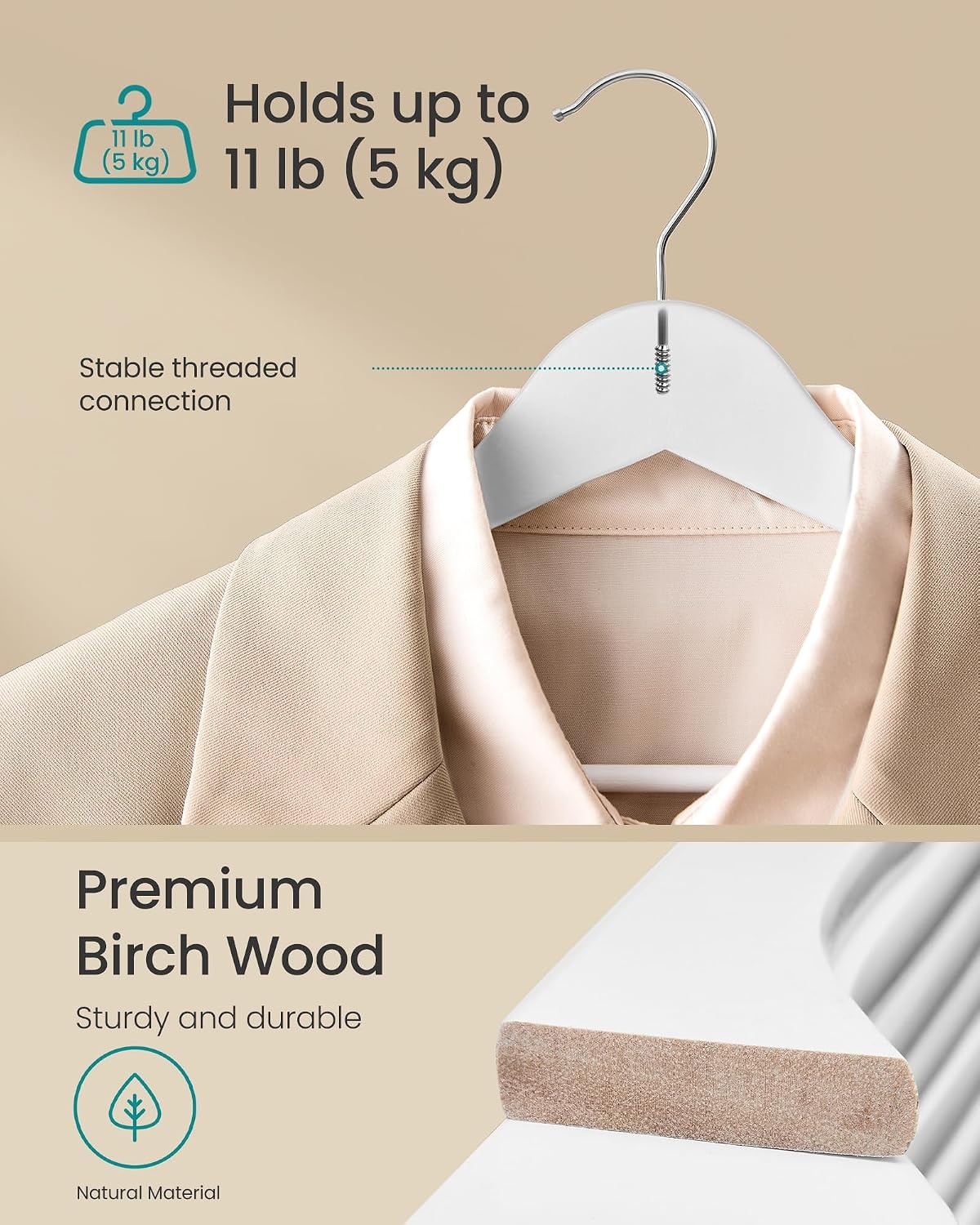 image:imageSONGMICS Wooden Hangers 50 Pack Basic Wood Clothes Hangers Space SavingCloud White