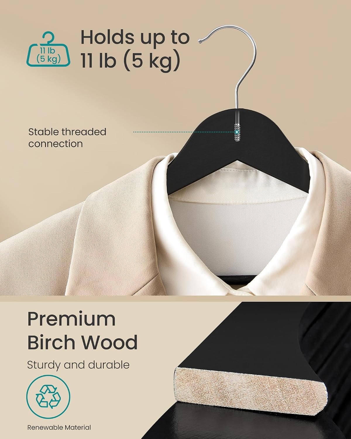 image:imageSONGMICS Wooden Hangers 50 Pack Basic Wood Clothes Hangers Space SavingInk Black