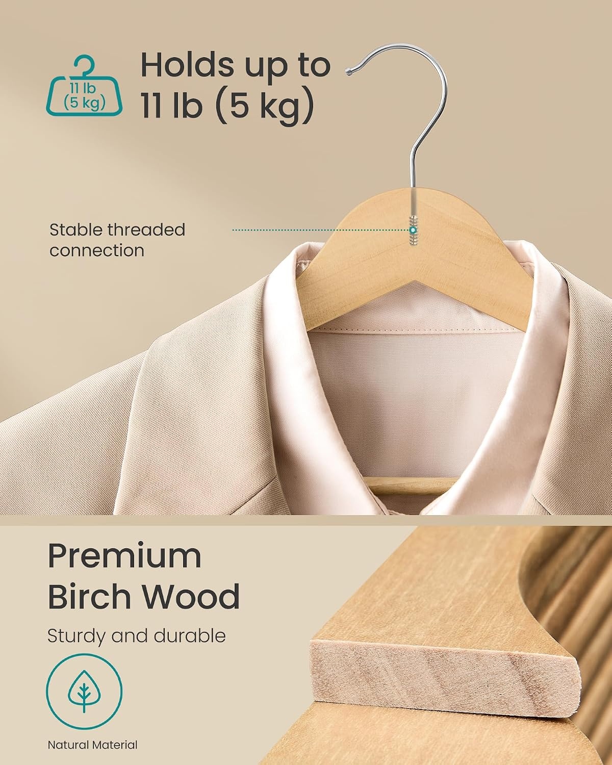 image:imageSONGMICS Wooden Hangers 50 Pack Basic Wood Clothes Hangers Space SavingNatural Beige