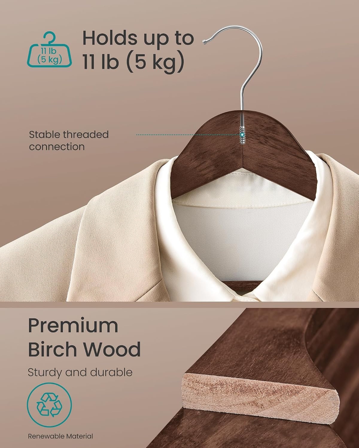 image:imageSONGMICS Wooden Hangers 50 Pack Basic Wood Clothes Hangers Space SavingWalnut Brown