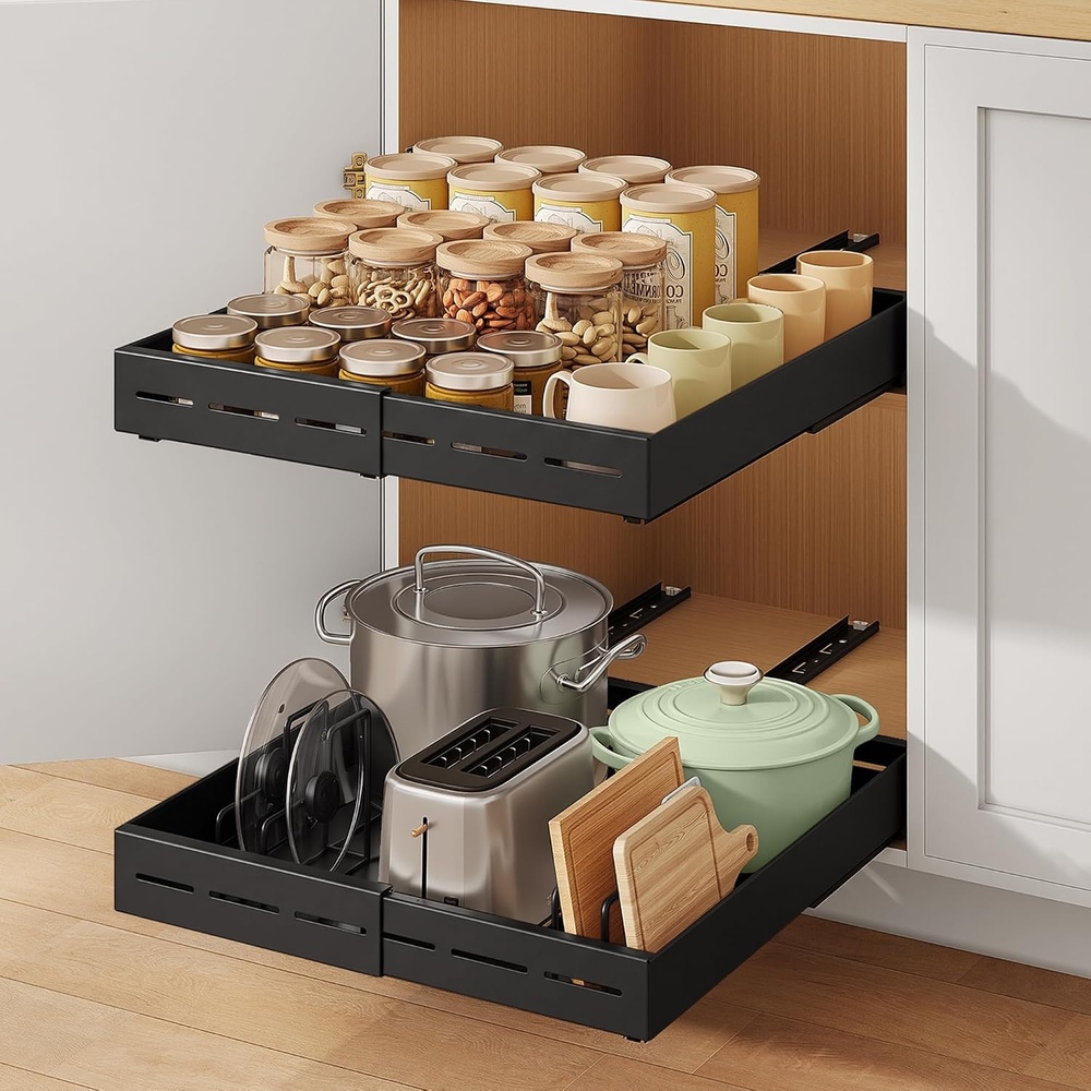 image:imageSONGMICS Expandable Pull Out Cabinet Organizer 21 Deep 3 Rail SlideInk Black