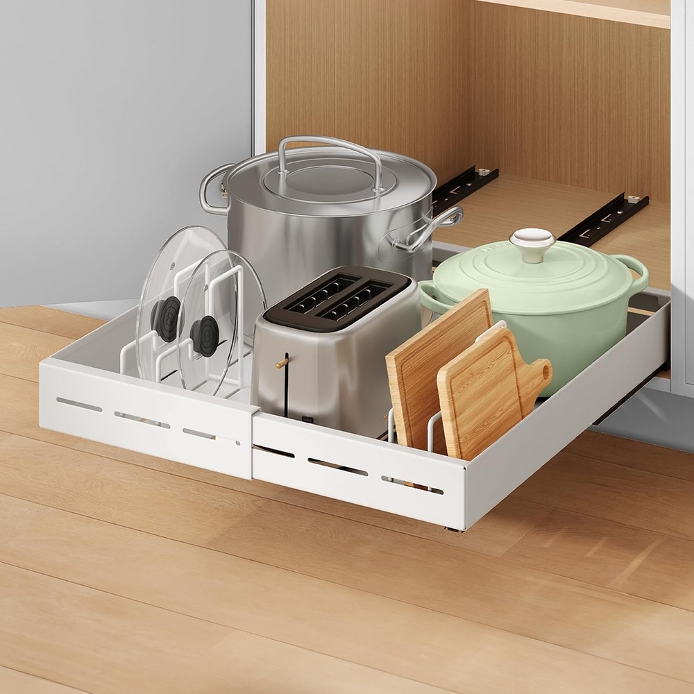 image:imageSONGMICS Expandable Pull Out Cabinet Organizer 21 Deep 3 Rail SlideMatte White