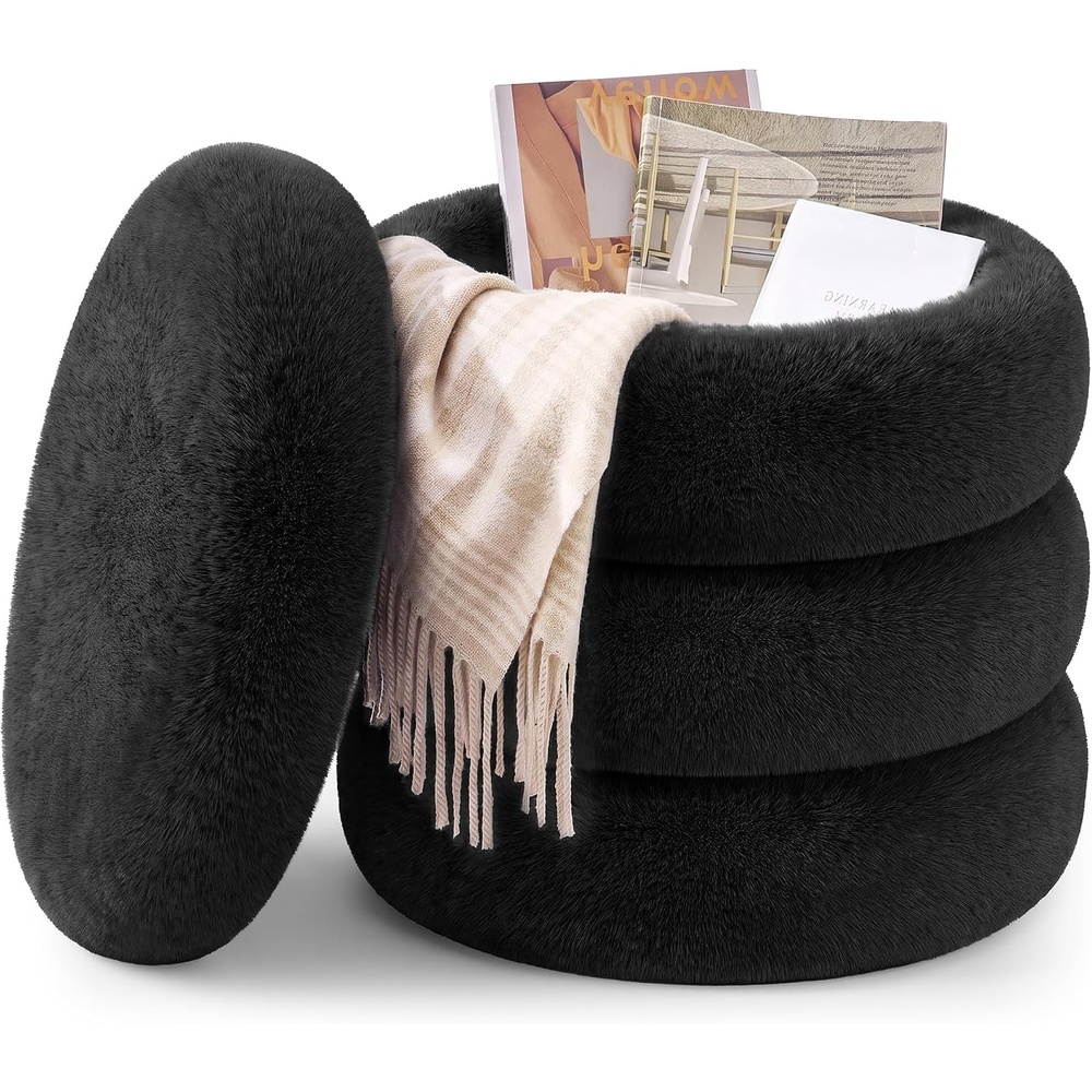 image:imageSONGMICS Vanity Stool Round Ottoman with Storage Teddy FleeceBlack