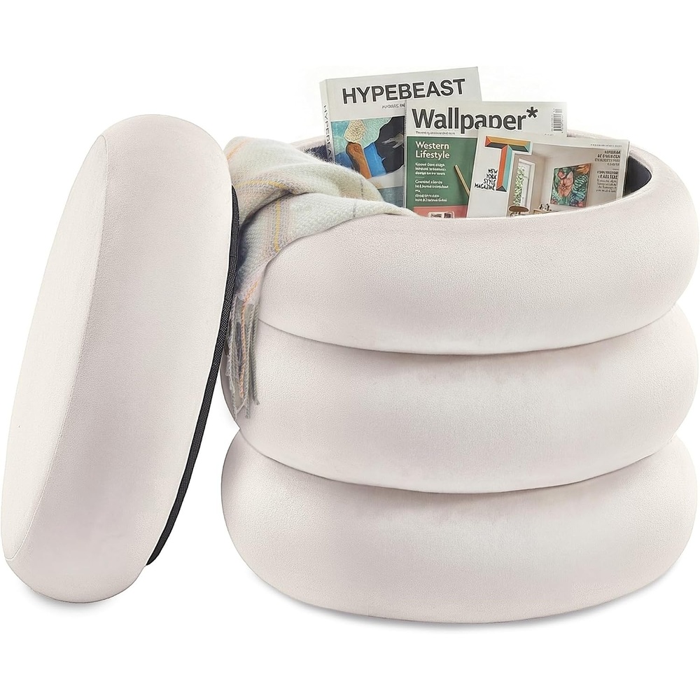 image:imageSONGMICS Vanity Stool Round Ottoman with Storage Teddy FleeceCappuccino White