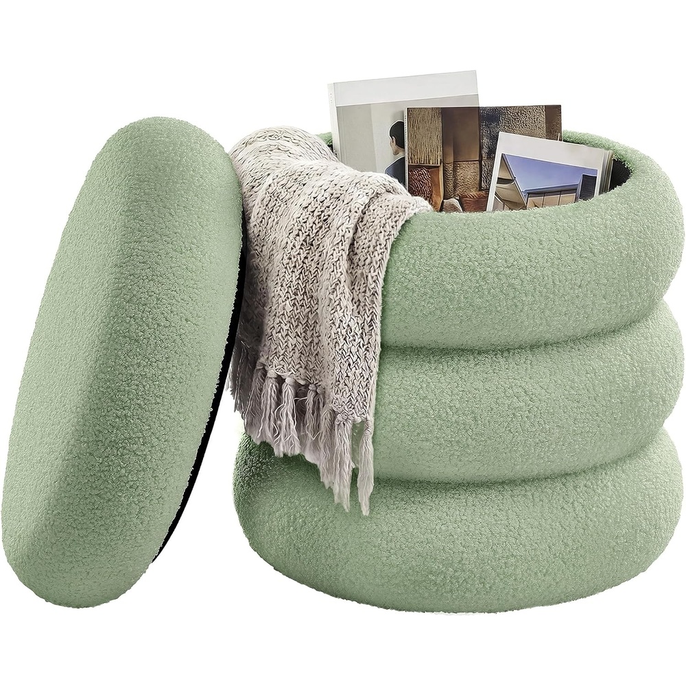 image:imageSONGMICS Vanity Stool Round Ottoman with Storage Teddy FleeceLime Green