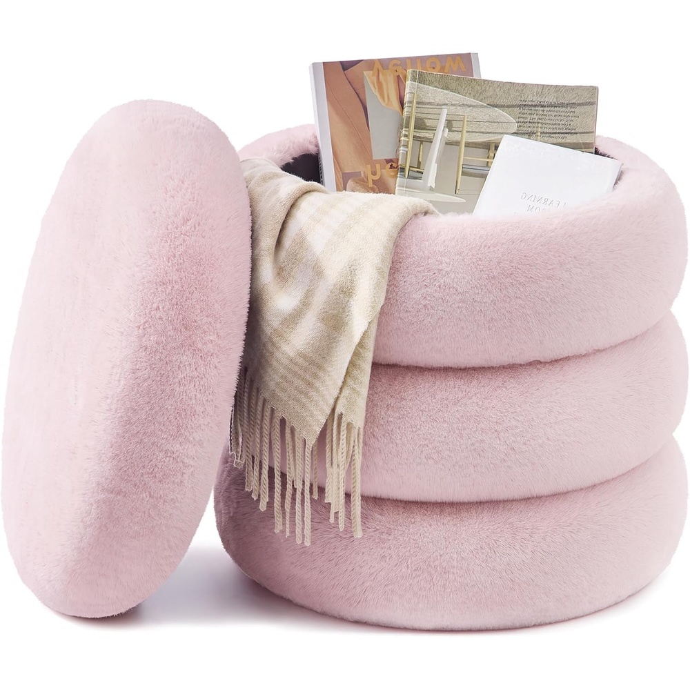 image:imageSONGMICS Vanity Stool Round Ottoman with Storage Teddy FleecePink