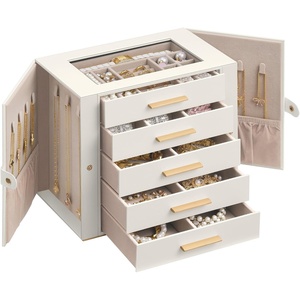 SONGMICS Jewelry Box for Women, 3-Tier Jewelry Organizer with Drawers(Cream White + Tan)