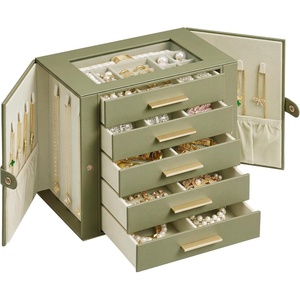 SONGMICS Jewelry Box for Women, 3-Tier Jewelry Organizer with Drawers(Green + White)