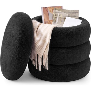 SONGMICS Vanity Stool, Round Ottoman with Storage, Teddy Fleece(Black)