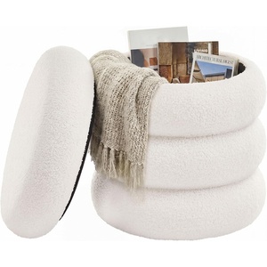 SONGMICS Vanity Stool, Round Ottoman with Storage, Teddy Fleece(Cream White)