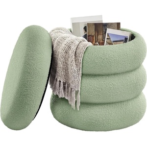 SONGMICS Vanity Stool, Round Ottoman with Storage, Teddy Fleece(Lime Green)
