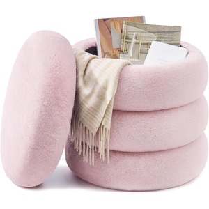 SONGMICS Vanity Stool, Round Ottoman with Storage, Teddy Fleece(Pink)