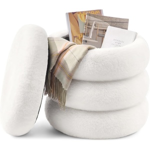 SONGMICS Vanity Stool, Round Ottoman with Storage, Teddy Fleece(White)