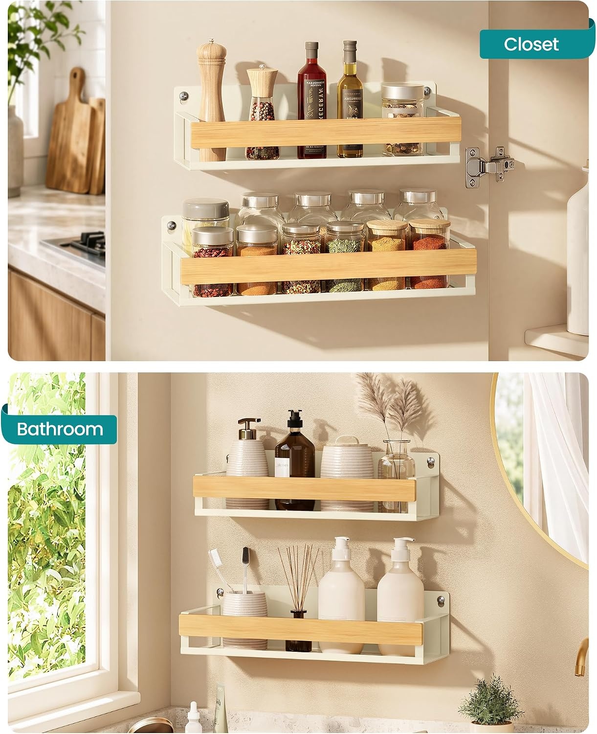 image:imageSONGMICS 4 Pack Spice Rack Wall Mount WidenedCream White Light Bamboo