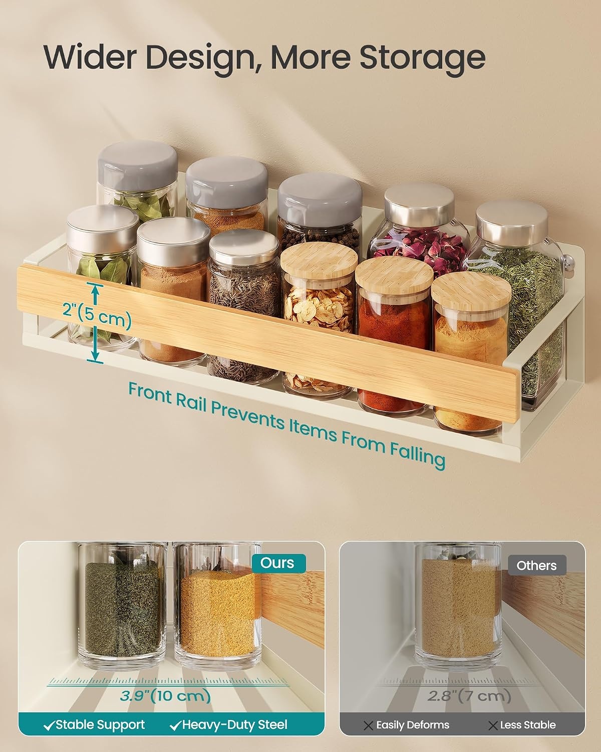 image:imageSONGMICS 4 Pack Spice Rack Wall Mount WidenedCream White Light Bamboo