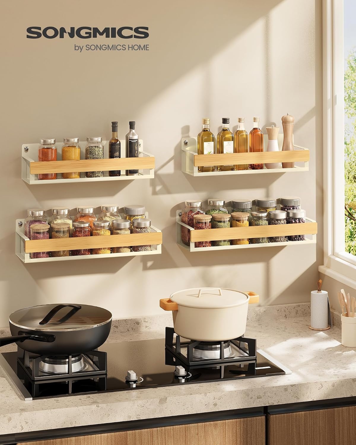 image:imageSONGMICS 4 Pack Spice Rack Wall Mount WidenedCream White Light Bamboo