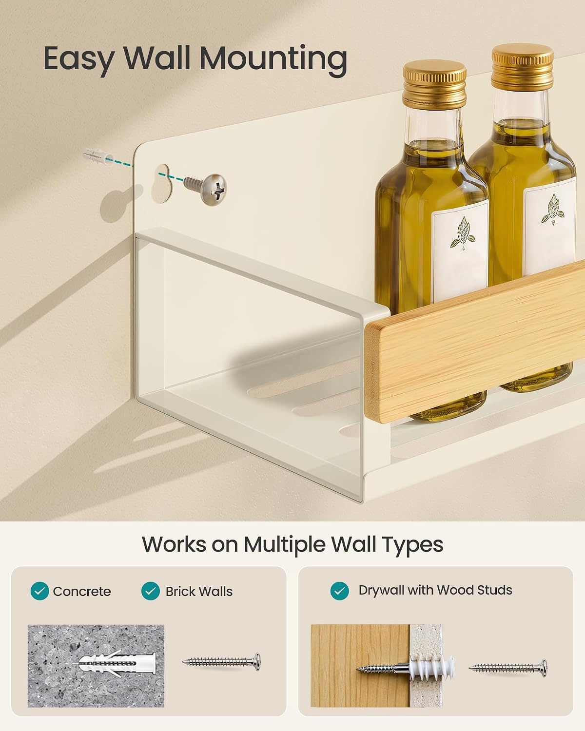 image:imageSONGMICS 4 Pack Spice Rack Wall Mount WidenedCream White Light Bamboo