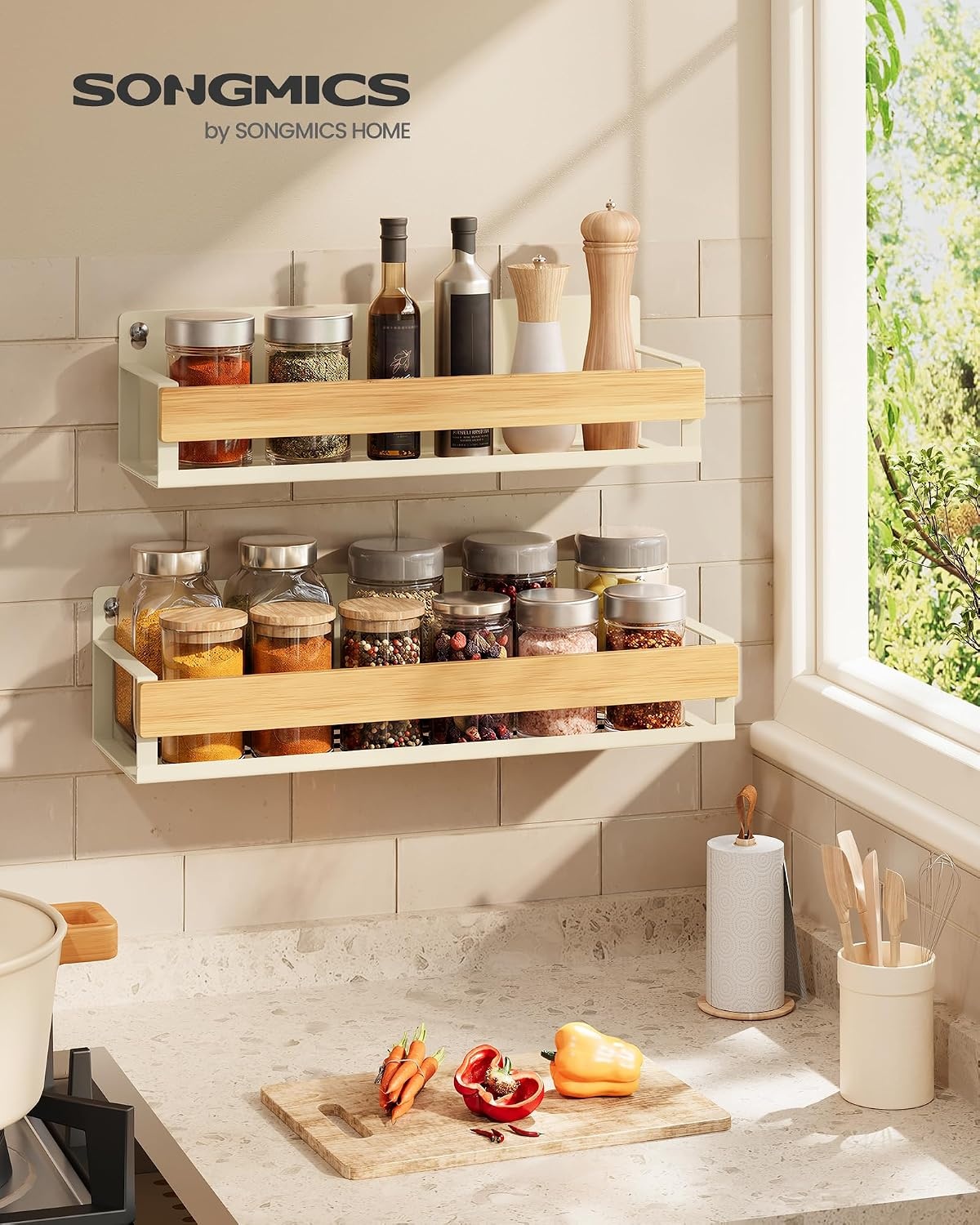 image:imageSONGMICS 4 Pack Spice Rack Wall Mount WidenedCream White Light Bamboo