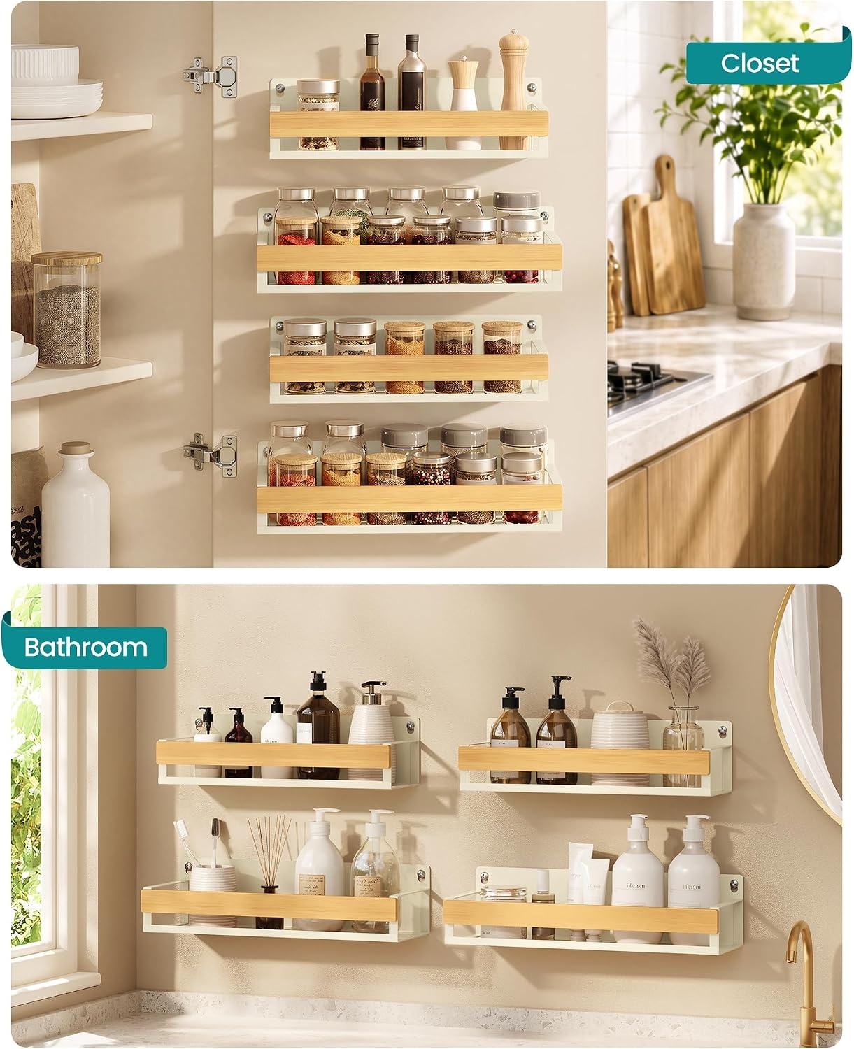 image:imageSONGMICS 4 Pack Spice Rack Wall Mount WidenedCream White Light Bamboo