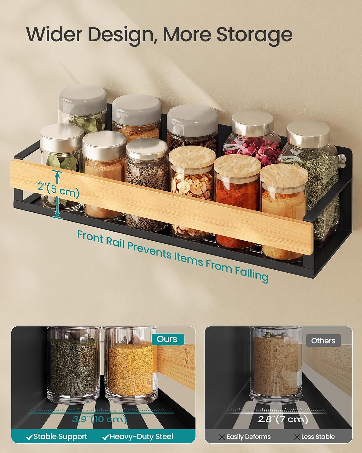 image:imageSONGMICS 4 Pack Spice Rack Wall Mount WidenedInk Black Light Bamboo