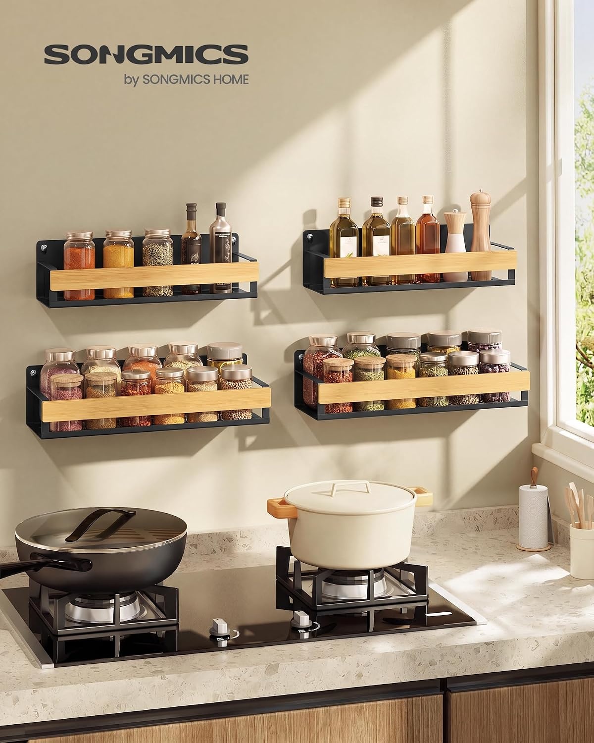 image:imageSONGMICS 4 Pack Spice Rack Wall Mount WidenedInk Black Light Bamboo