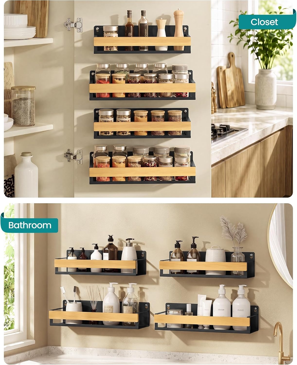 image:imageSONGMICS 4 Pack Spice Rack Wall Mount WidenedInk Black Light Bamboo