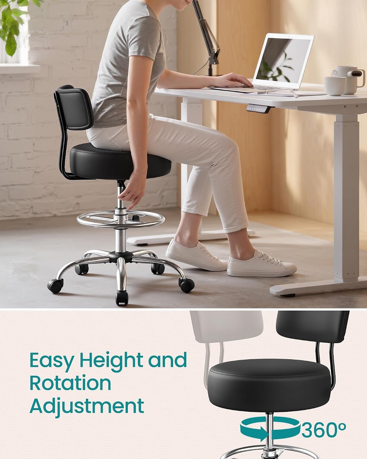 image:imageSONGMICS Drafting Chair with Backrest Height Rolling Stool PU LeatherBlack