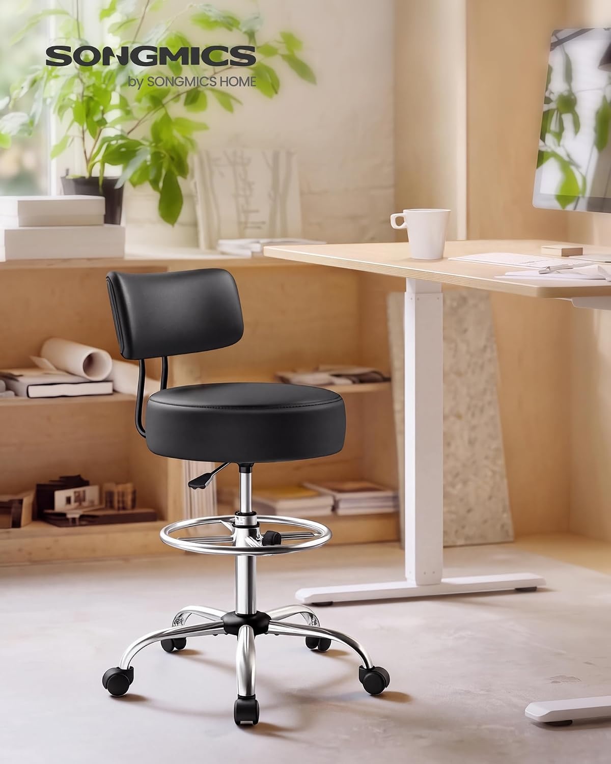 image:imageSONGMICS Drafting Chair with Backrest Height Rolling Stool PU LeatherBlack