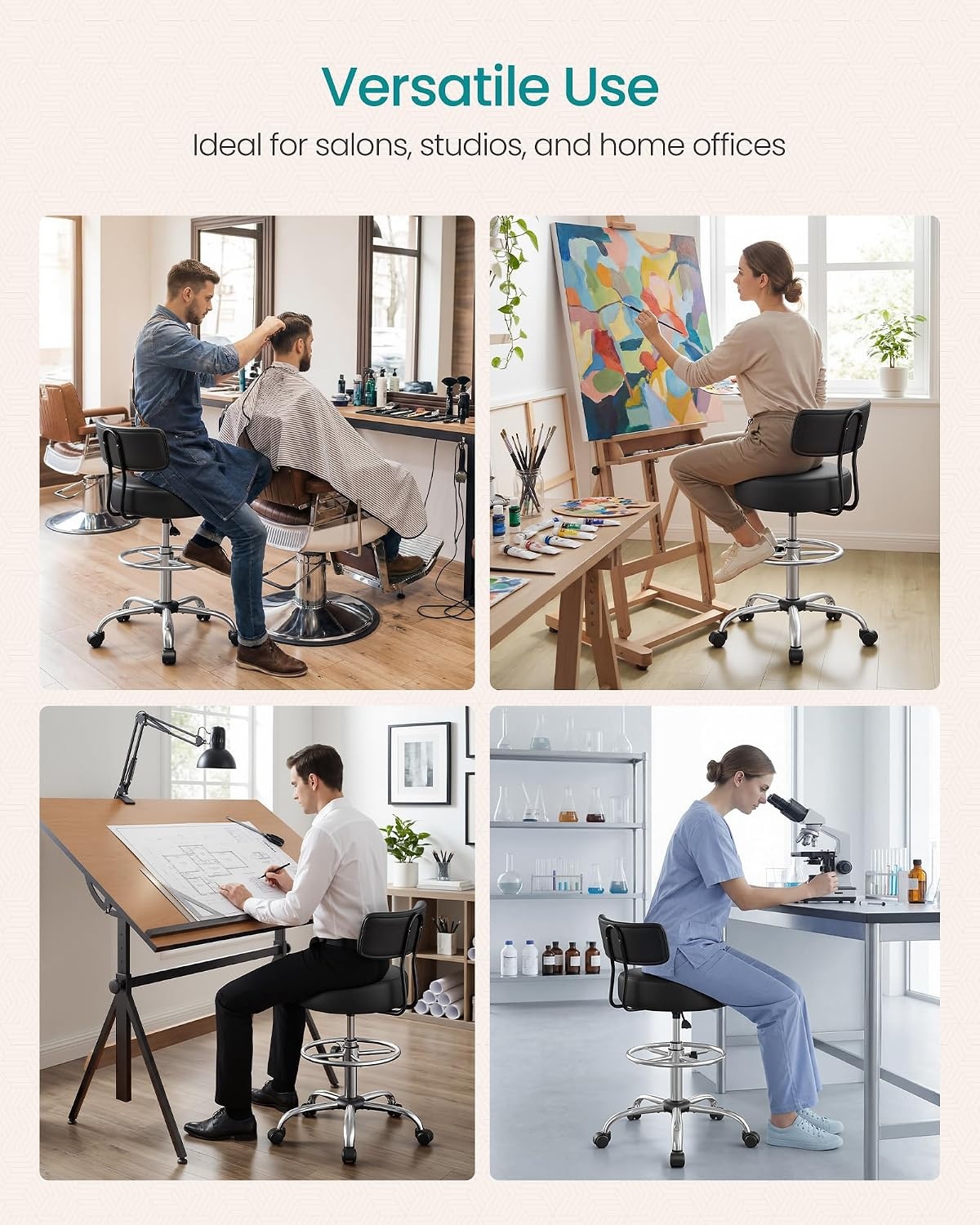 image:imageSONGMICS Drafting Chair with Backrest Height Rolling Stool PU LeatherBlack