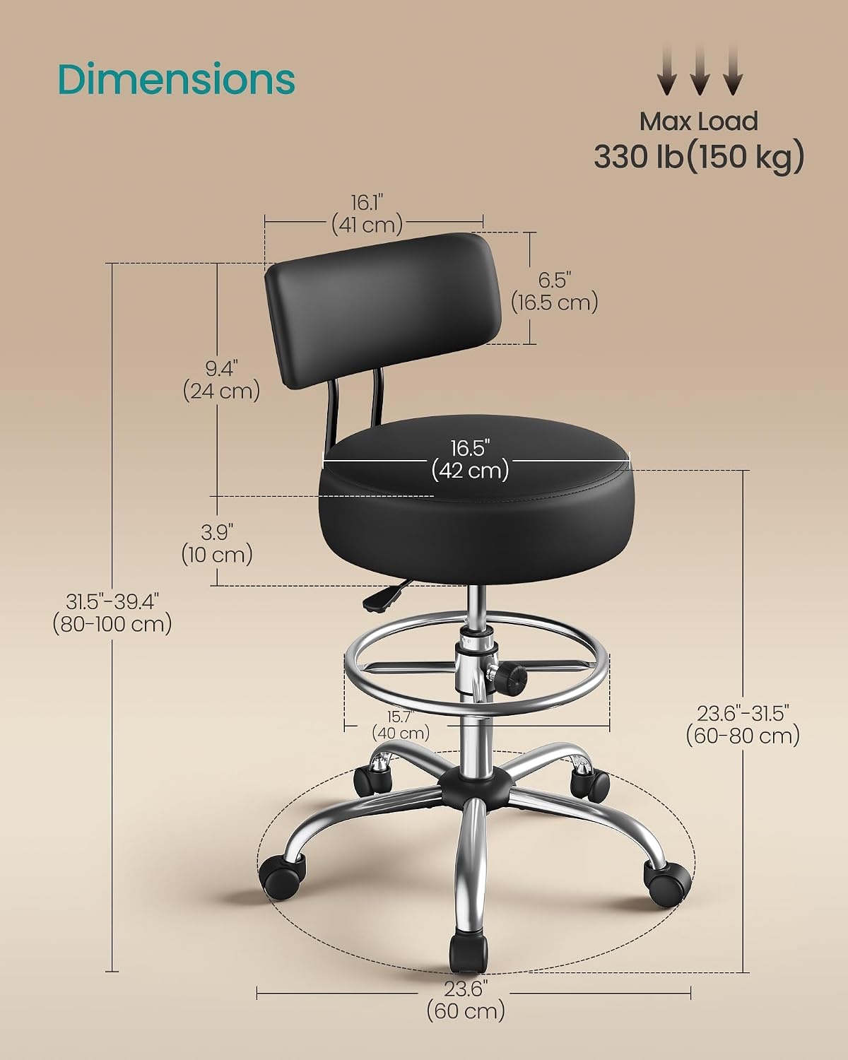 image:imageSONGMICS Drafting Chair with Backrest Height Rolling Stool PU LeatherBlack