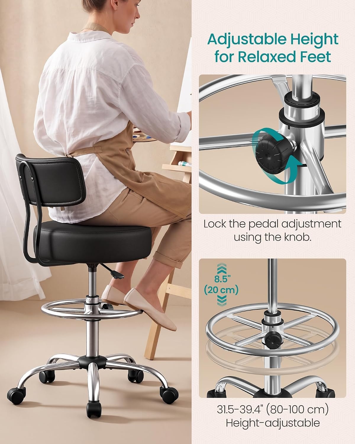 image:imageSONGMICS Drafting Chair with Backrest Height Rolling Stool PU LeatherBlack