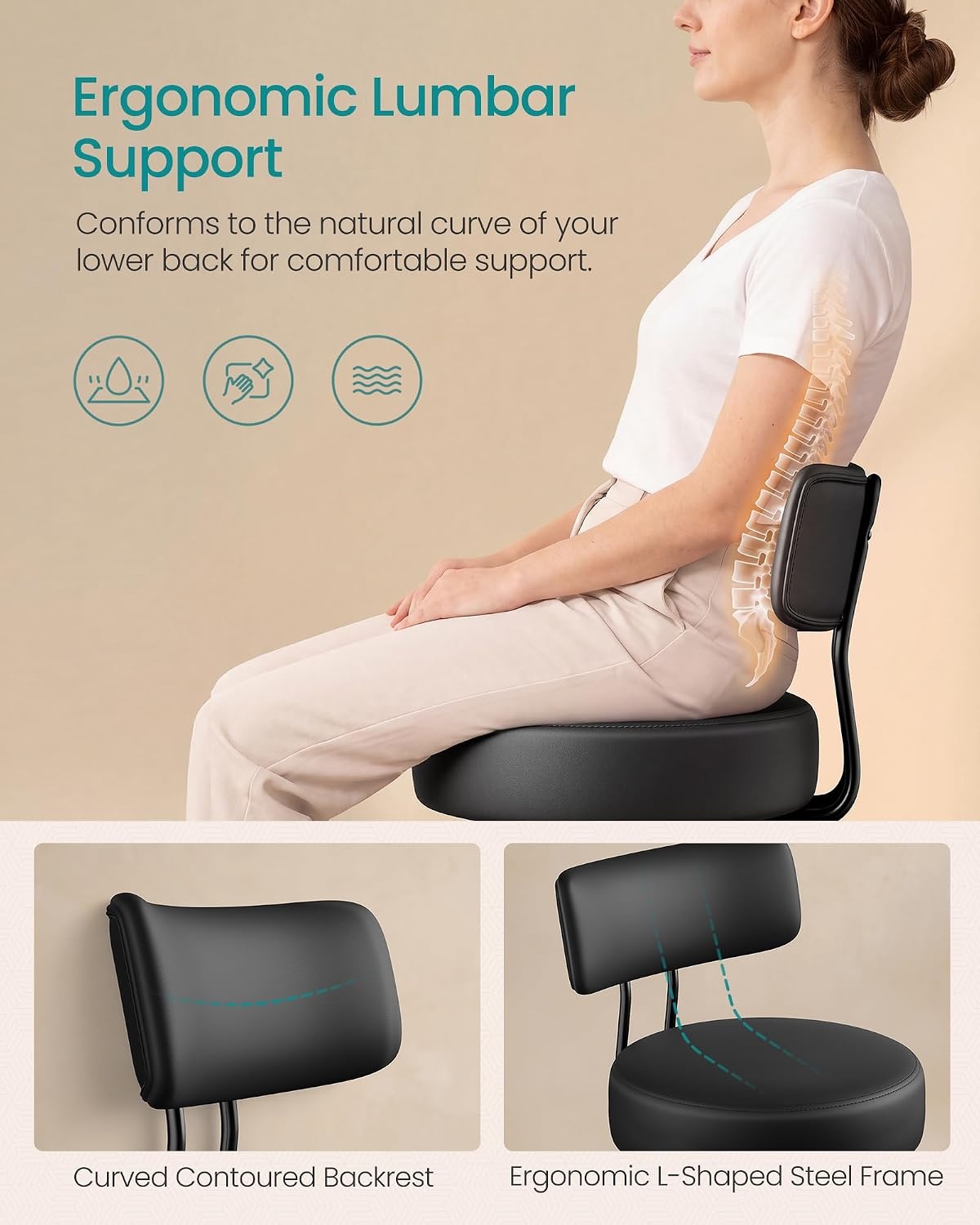 image:imageSONGMICS Drafting Chair with Backrest Height Rolling Stool PU LeatherBlack
