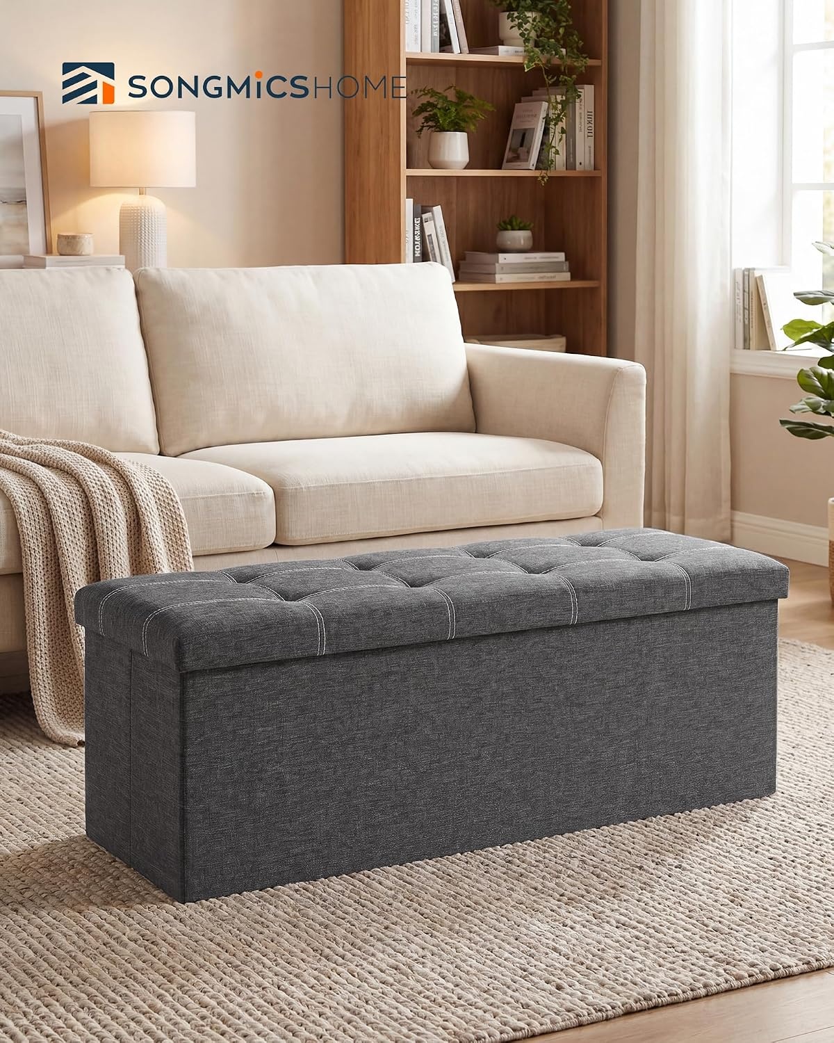 image:imageSONGMICS HOME Storage Ottoman 35 Gallons End of Bench 152 x 432 x 152 Inches for Entryway Living Room Light GrayDark Gray