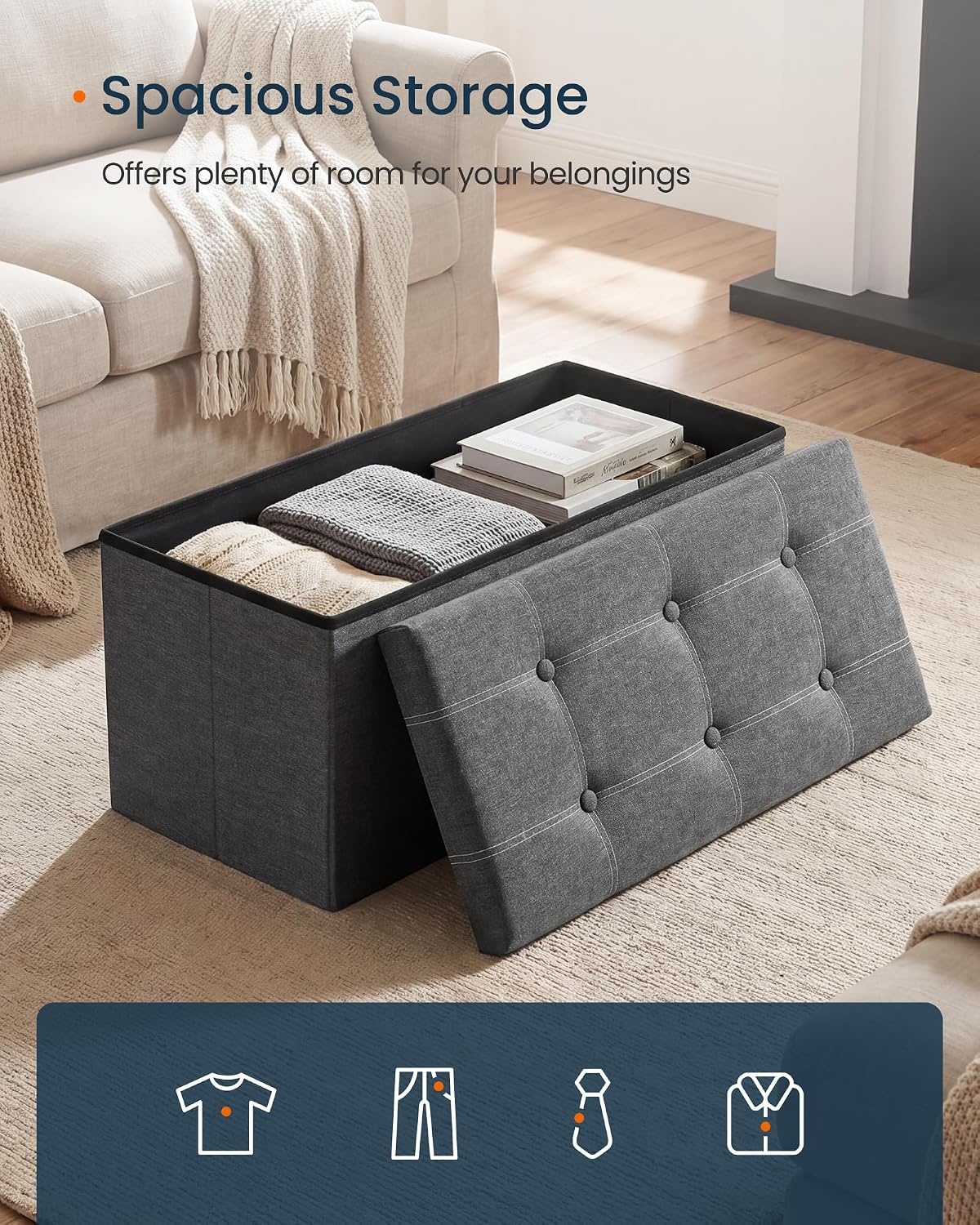 image:imageSONGMICS HOME Storage Ottoman 35 Gallons End of Bench 152 x 432 x 152 Inches for Entryway Living Room Light GrayDark Gray