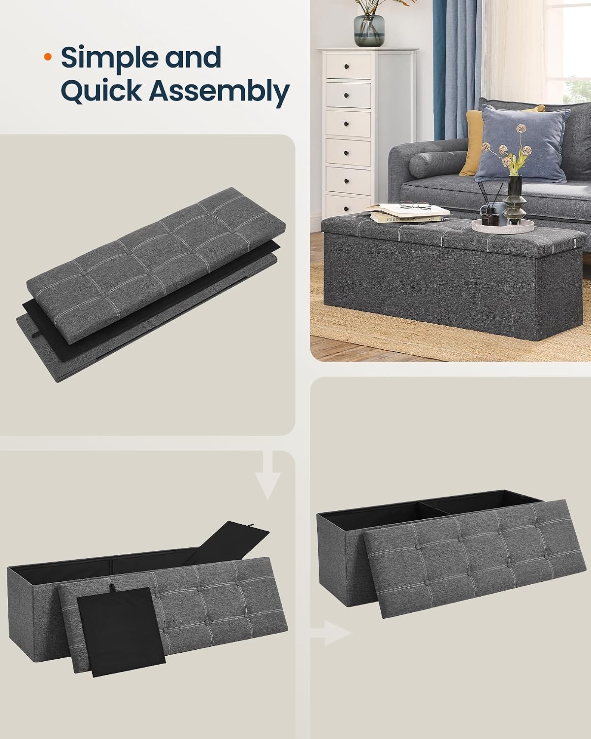 image:imageSONGMICS HOME Storage Ottoman 35 Gallons End of Bench 152 x 432 x 152 Inches for Entryway Living Room Light GrayDark Gray