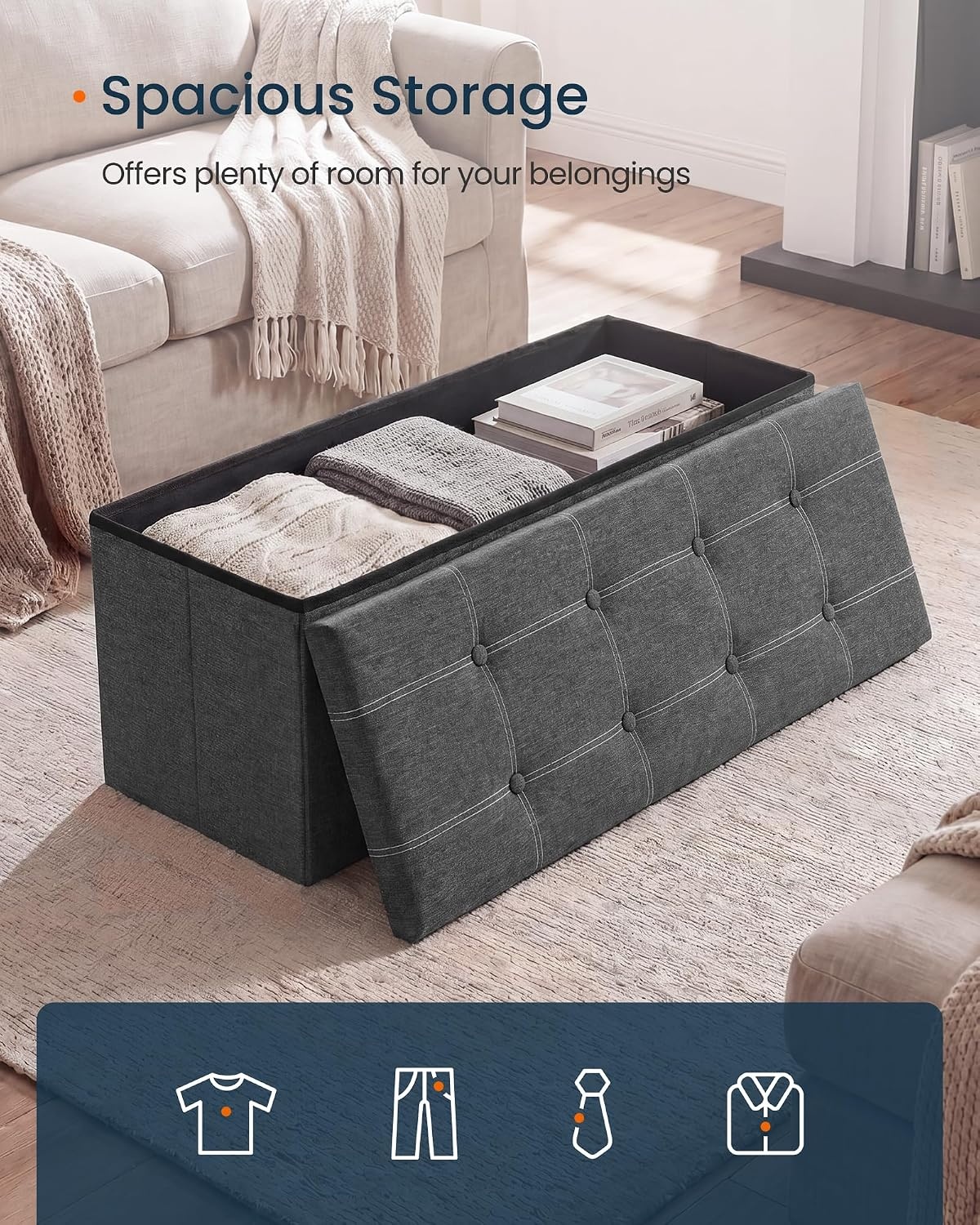 image:imageSONGMICS HOME Storage Ottoman 35 Gallons End of Bench 152 x 432 x 152 Inches for Entryway Living Room Light GrayDark Gray