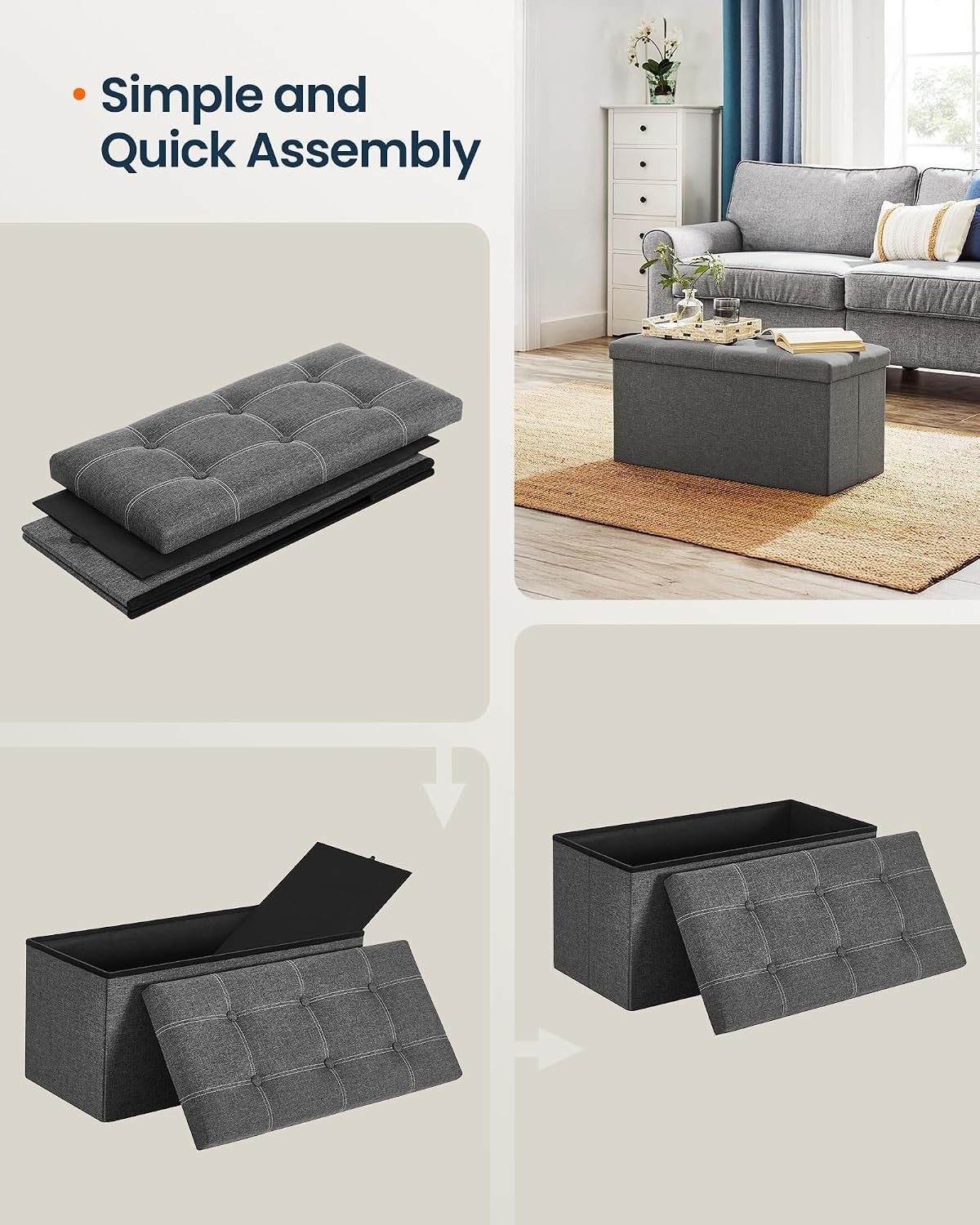 image:imageSONGMICS HOME Storage Ottoman 35 Gallons End of Bench 152 x 432 x 152 Inches for Entryway Living Room Light GrayDark Gray