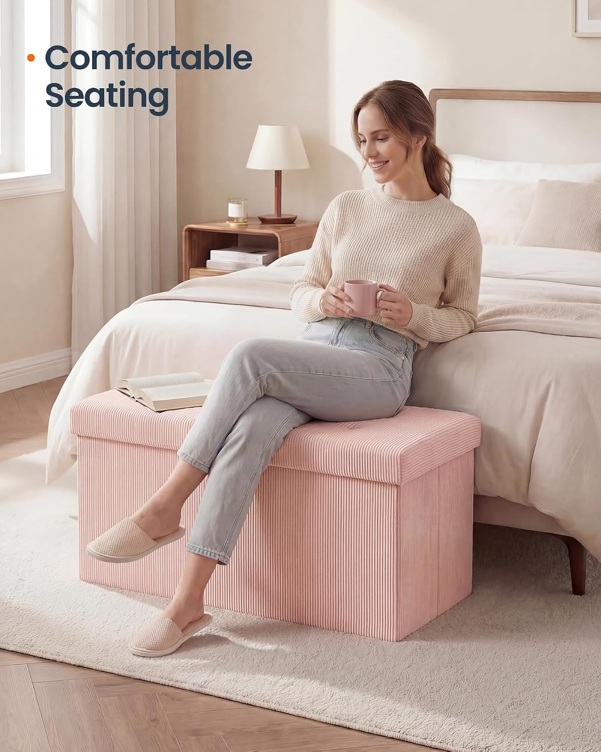 image:imageSONGMICS HOME Storage Ottoman 35 Gallons End of Bench 152 x 432 x 152 Inches for Entryway Living Room Light GrayLight Pink