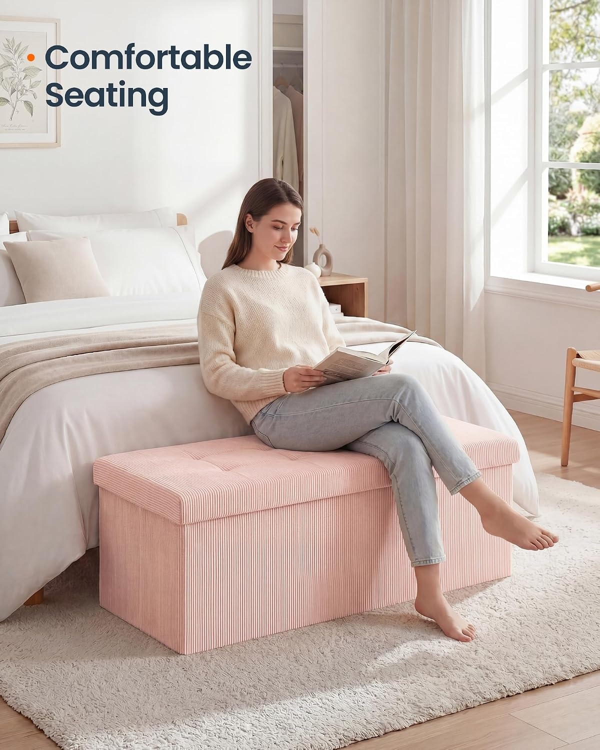 image:imageSONGMICS HOME Storage Ottoman 35 Gallons End of Bench 152 x 432 x 152 Inches for Entryway Living Room Light GrayLight Pink