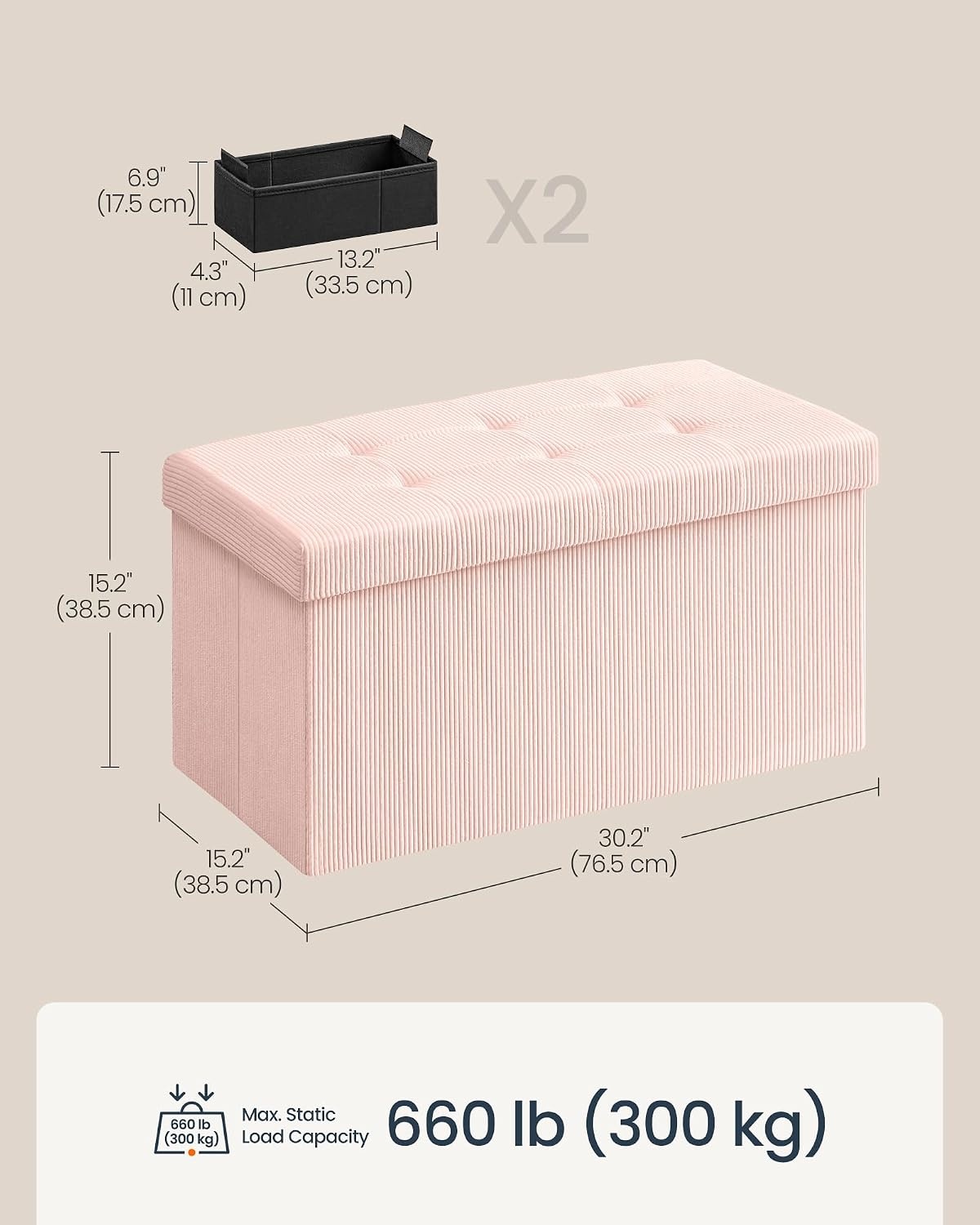 image:imageSONGMICS HOME Storage Ottoman 35 Gallons End of Bench 152 x 432 x 152 Inches for Entryway Living Room Light GrayLight Pink