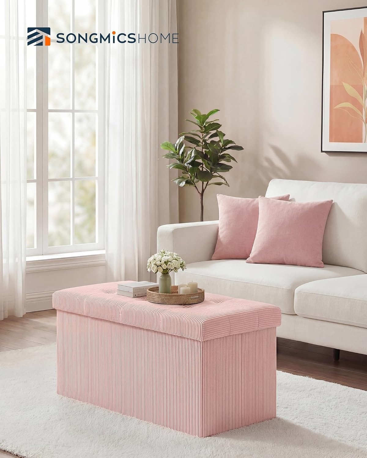 image:imageSONGMICS HOME Storage Ottoman 35 Gallons End of Bench 152 x 432 x 152 Inches for Entryway Living Room Light GrayLight Pink