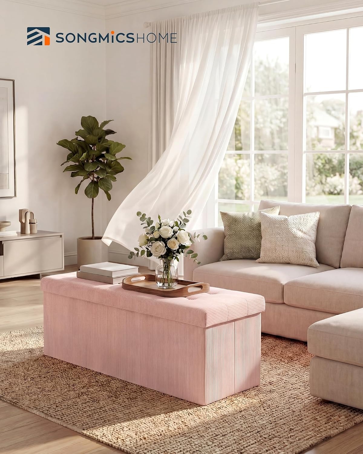 image:imageSONGMICS HOME Storage Ottoman 35 Gallons End of Bench 152 x 432 x 152 Inches for Entryway Living Room Light GrayLight Pink
