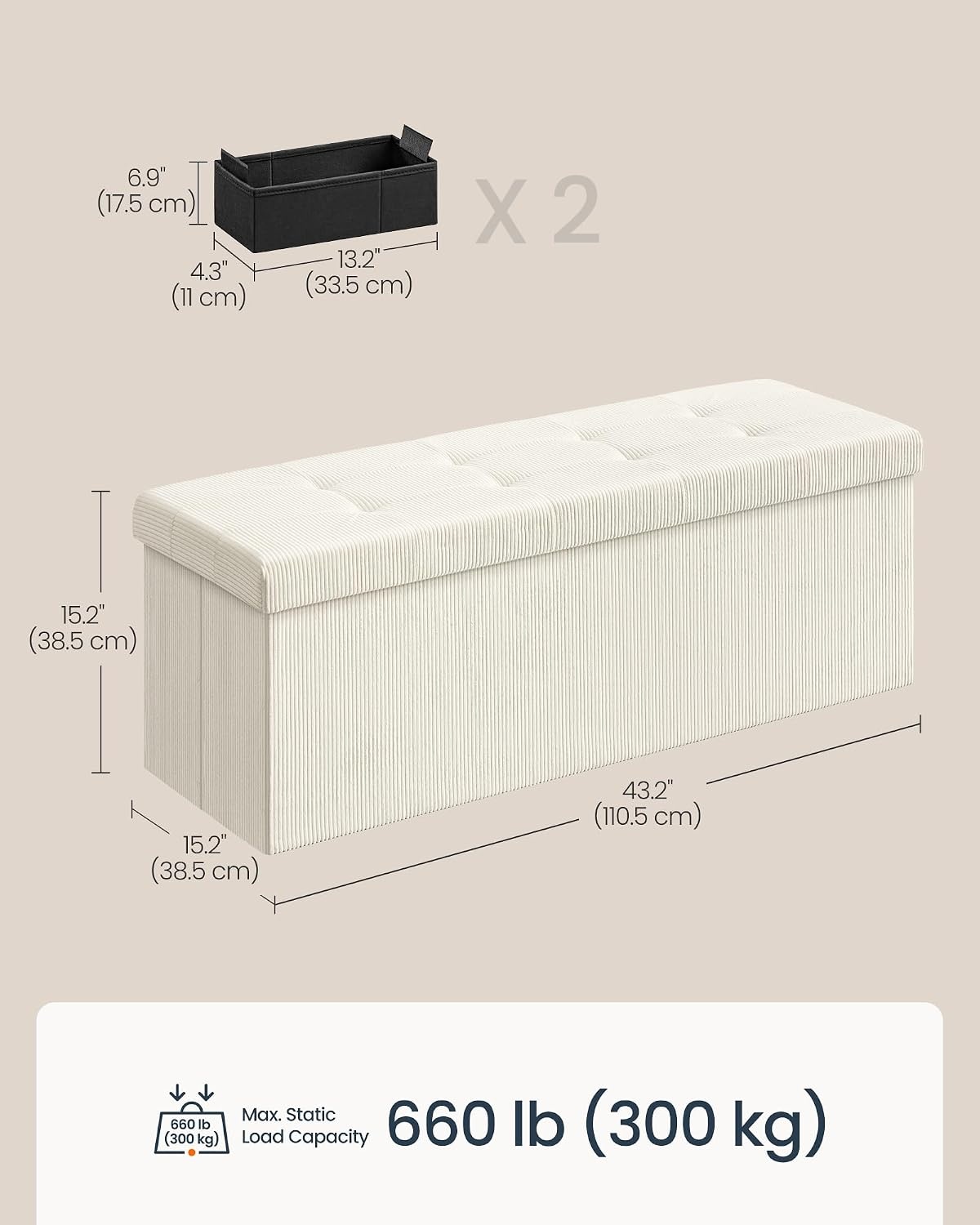 image:imageSONGMICS HOME Storage Ottoman 35 Gallons End of Bench 152 x 432 x 152 Inches for Entryway Living Room Light GrayLight White