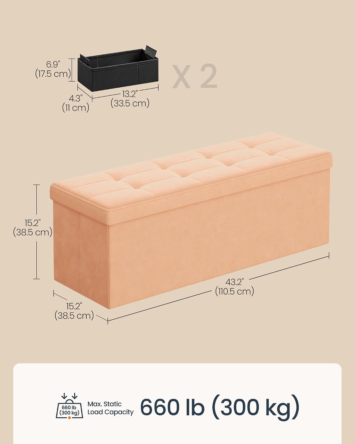 image:imageSONGMICS HOME Storage Ottoman 35 Gallons End of Bench 152 x 432 x 152 Inches for Entryway Living Room Light GrayOrange